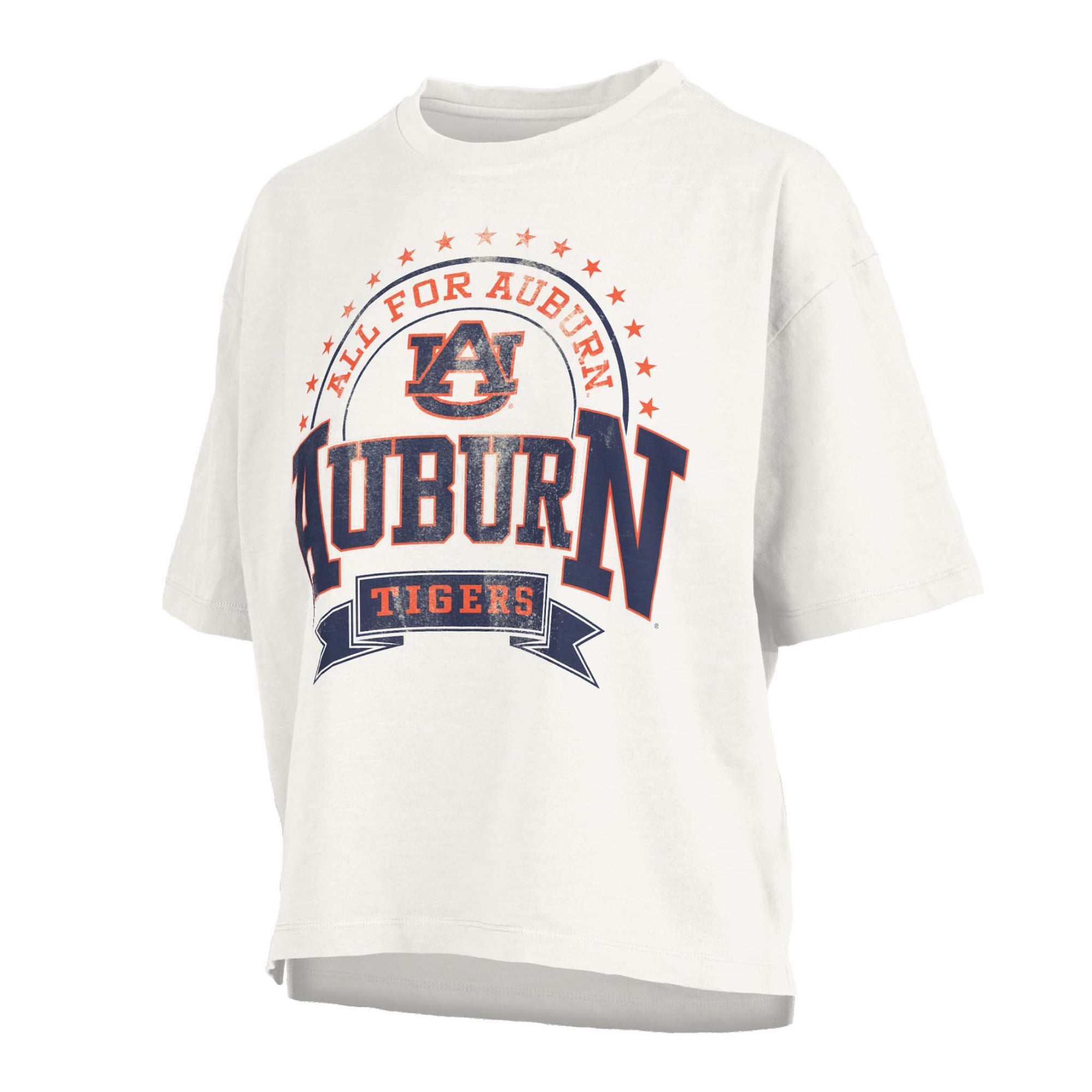 White cropped Auburn Tigers graphic t-shirt with “All For Auburn” text, Auburn logo, and bold “Auburn Tigers” design across the front.