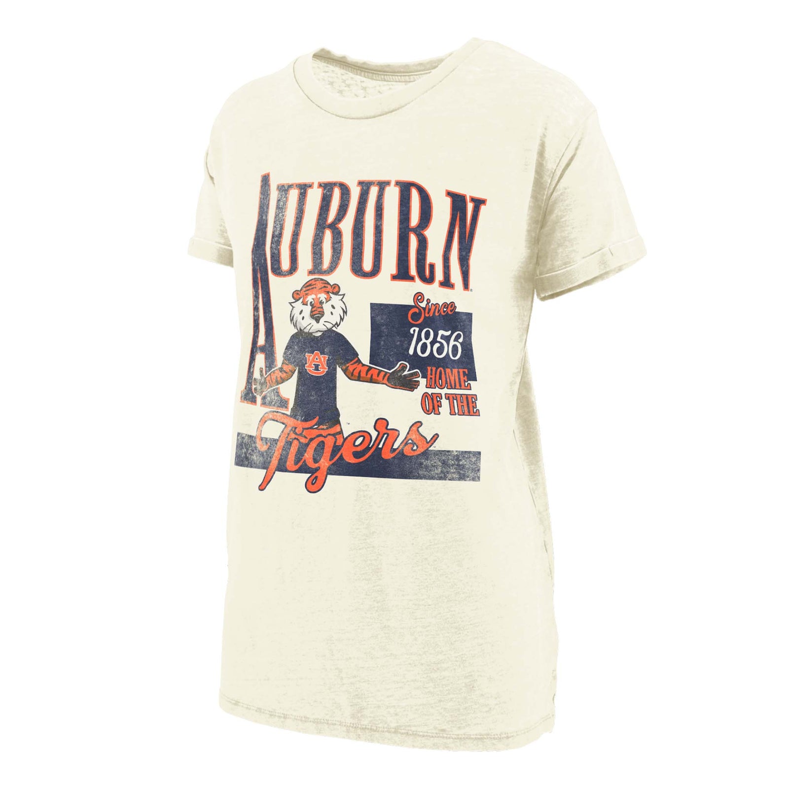 Ivory Auburn Tigers graphic t-shirt with Aubie the Tiger illustration, bold “Auburn” text, and “Since 1856 Home of the Tigers” design.