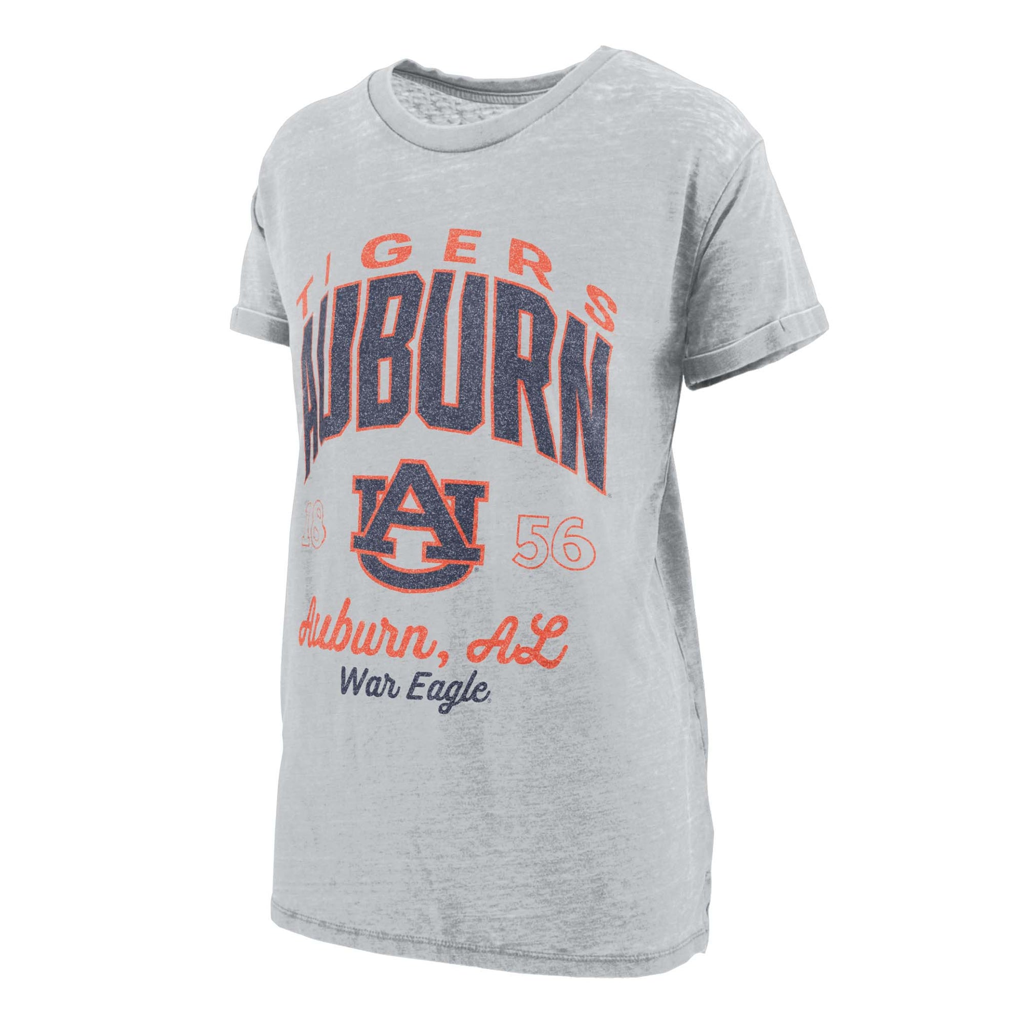 Heather grey Auburn Tigers vintage graphic t-shirt with team logo, “Auburn, AL,” “War Eagle,” and bold Auburn lettering on front.