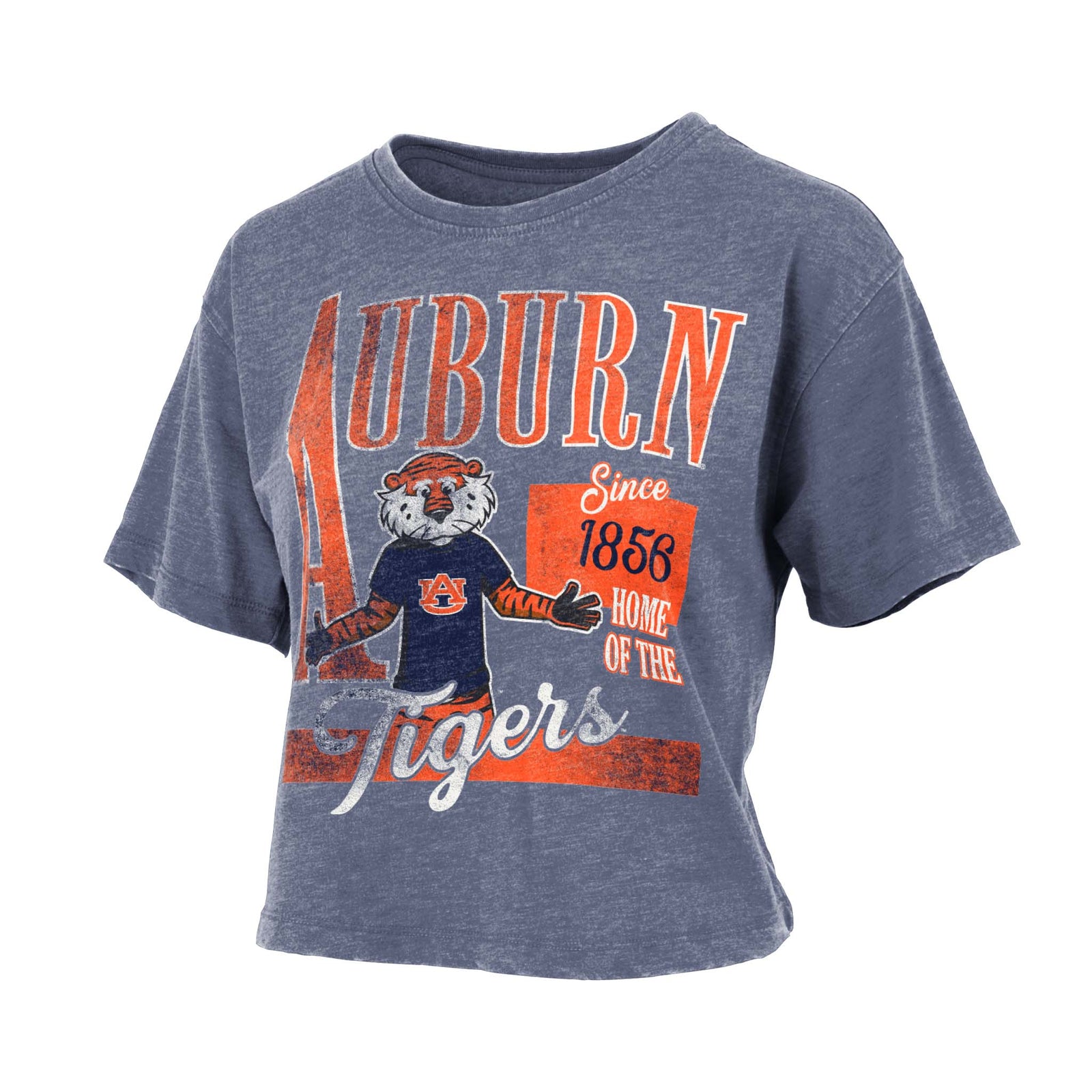 Vintage navy cropped Auburn Tigers t-shirt with Aubie mascot graphic, bold Auburn text, and “Since 1856 Home of the Tigers” design.