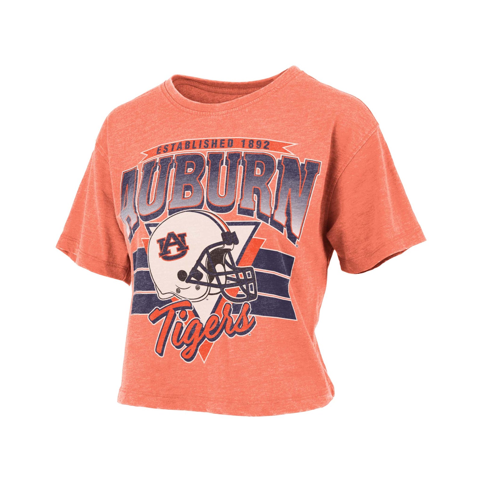 Vintage orange cropped Auburn Tigers t-shirt with bold Auburn text, football helmet graphic, and “Established 1892” design.