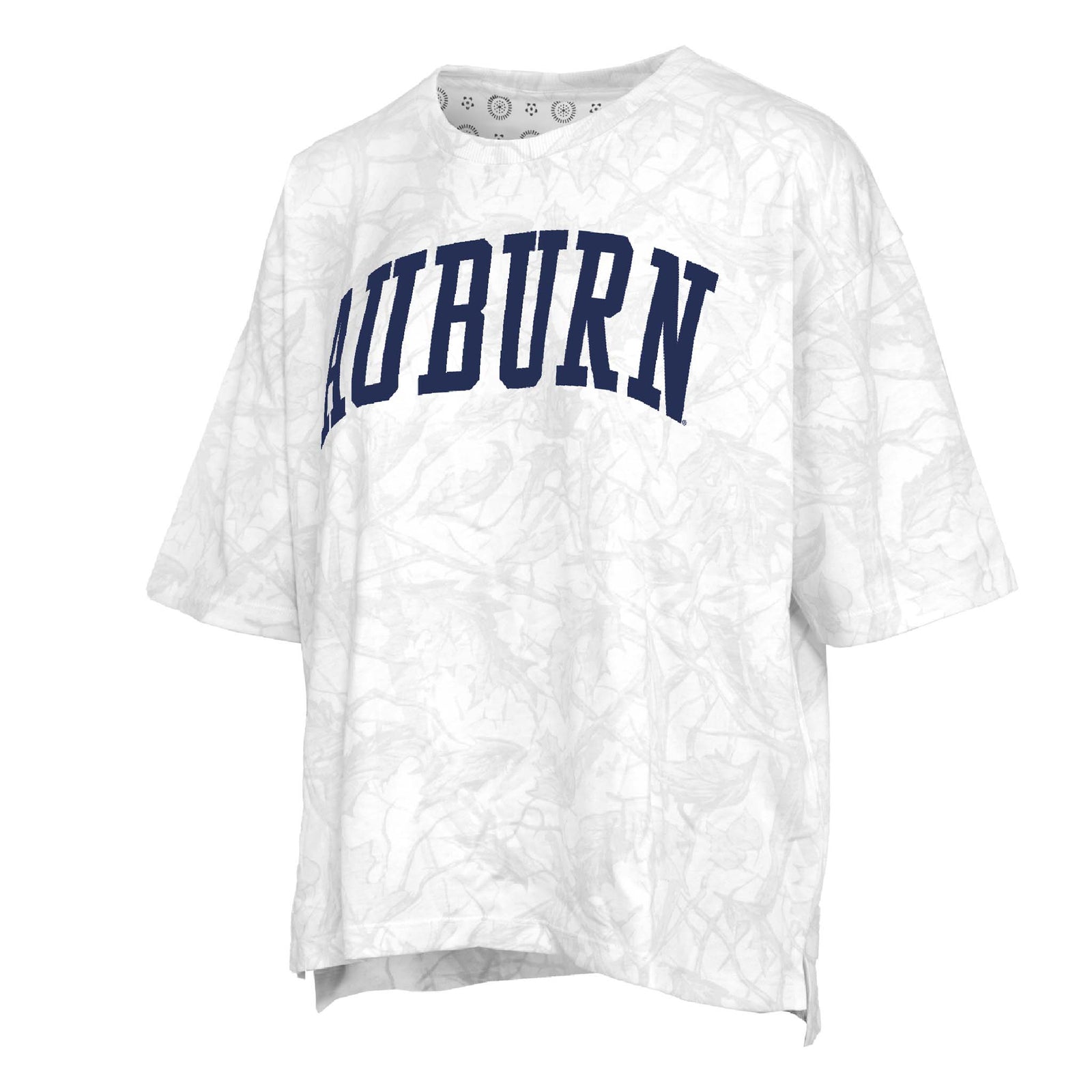 Auburn Varsity Camo Oversized Short Sleeve T-Shirt in white and light grey all over camo pattern and school name across the chest in collegiate font.