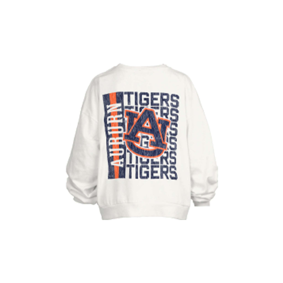 Back of white Auburn Tigers crewneck sweatshirt with large “AU” logo and repeated “Tigers” text in navy and orange.