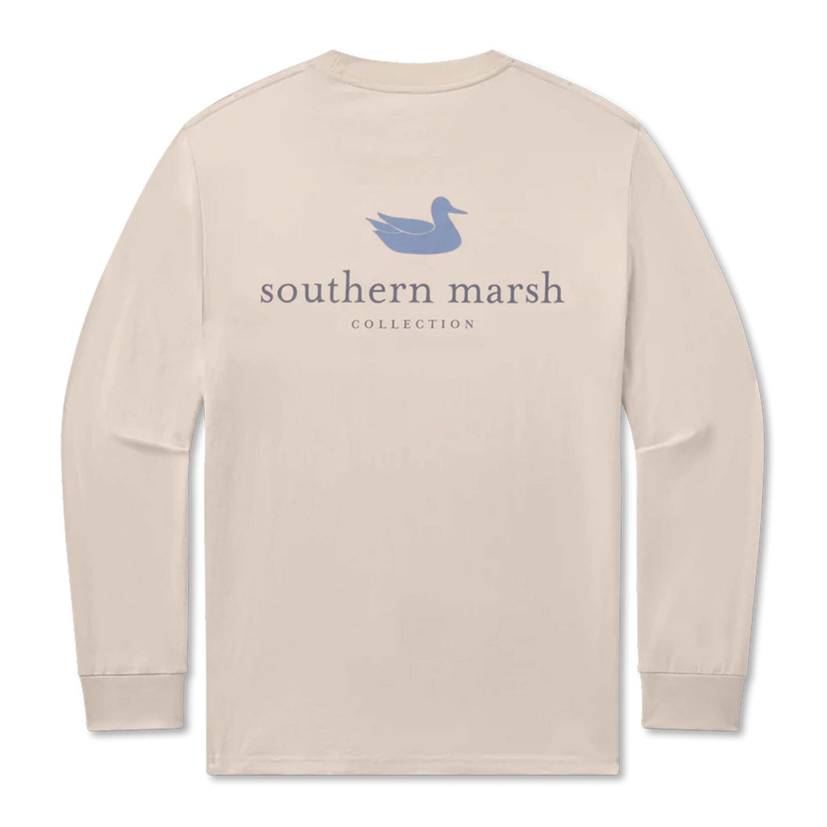 Beige long sleeve t-shirt with 'southern marsh' logo on a white background