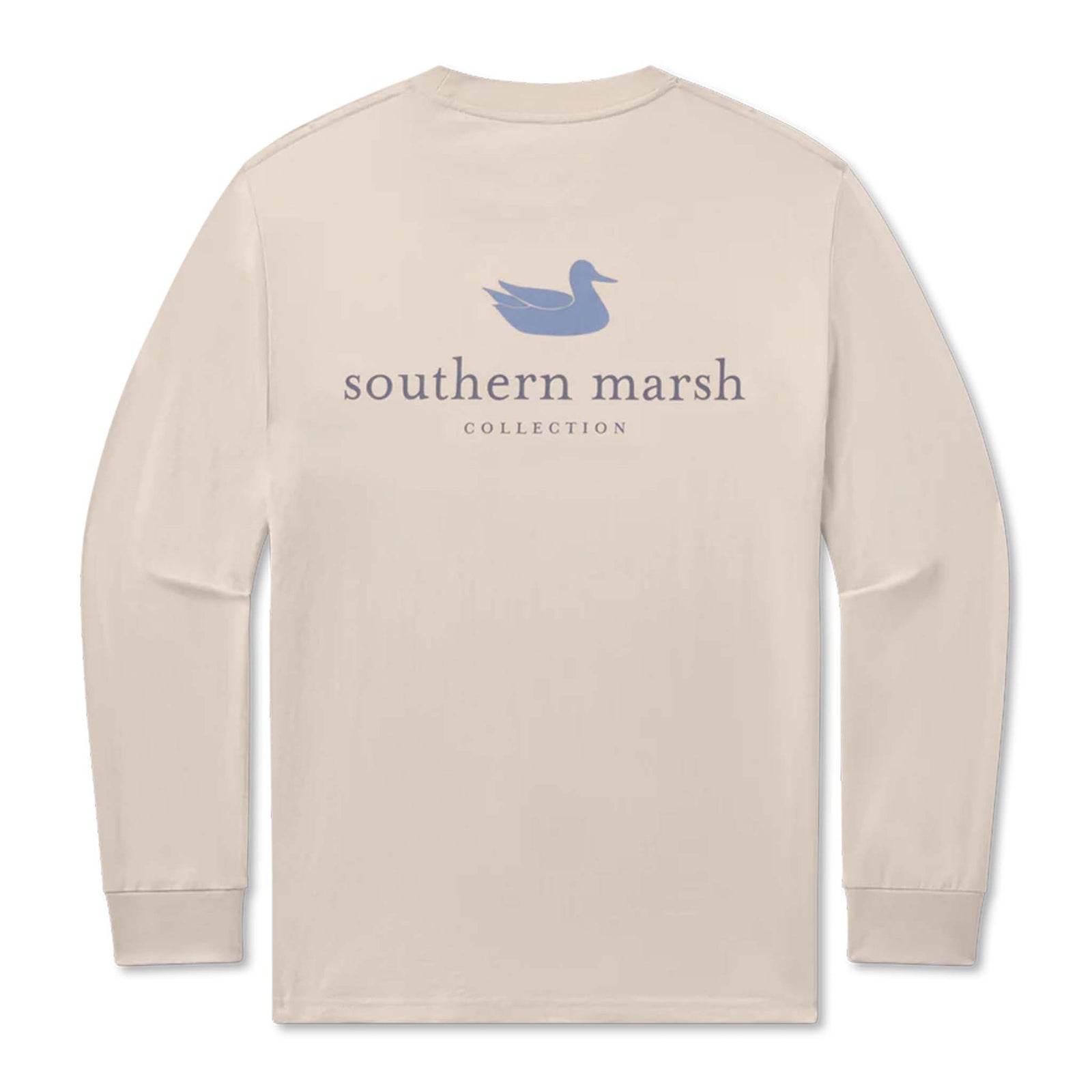 Beige long sleeve t-shirt with 'southern marsh' logo on a white background