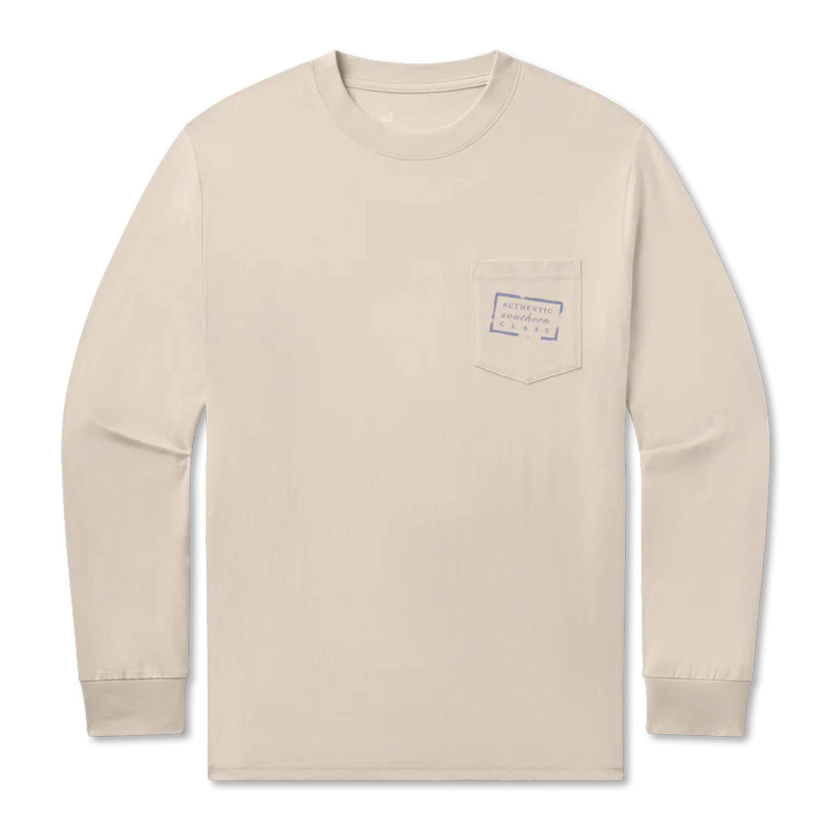 Beige long-sleeve shirt with a small logo on a white background