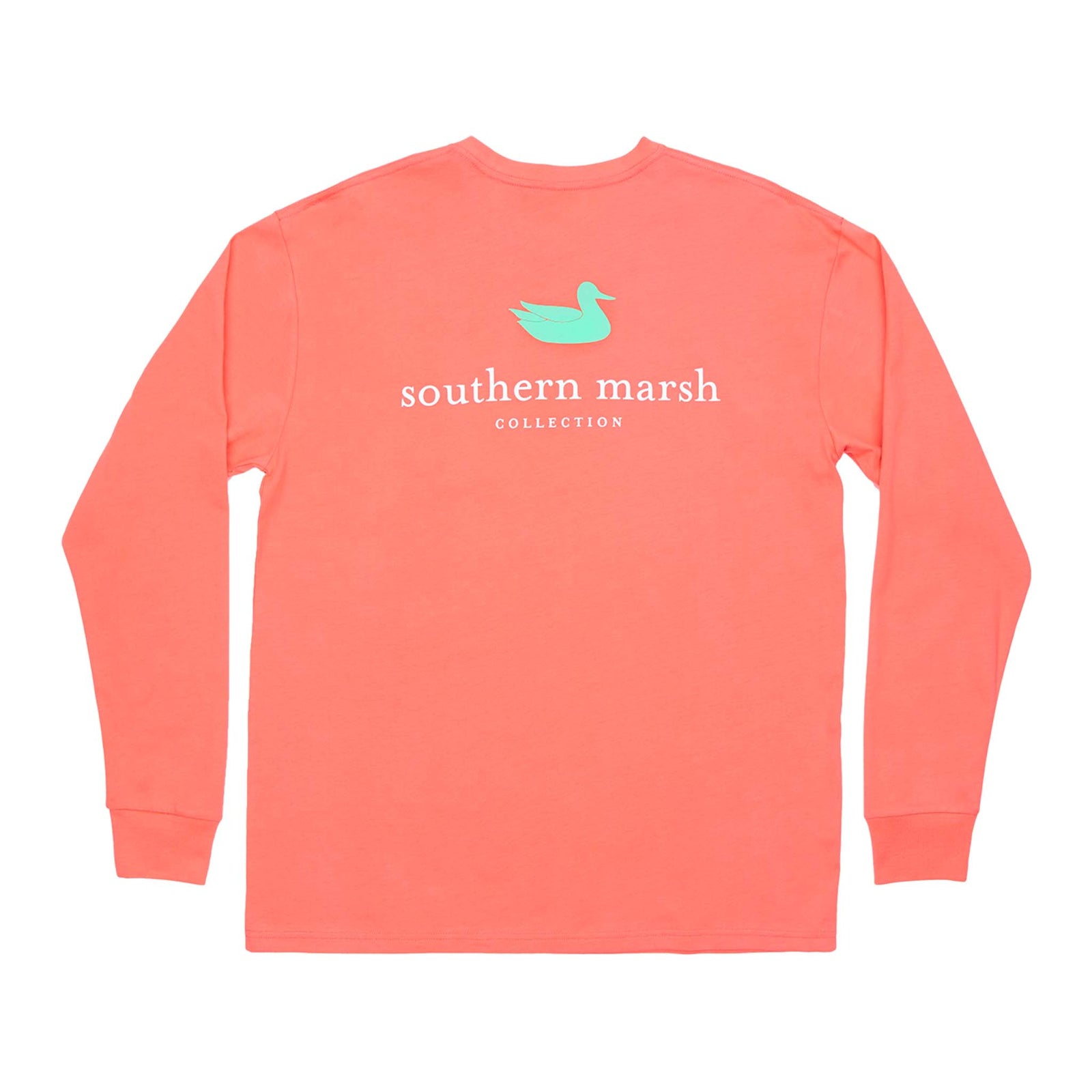 Coral long-sleeve shirt with 'southern marsh' logo on a white background
