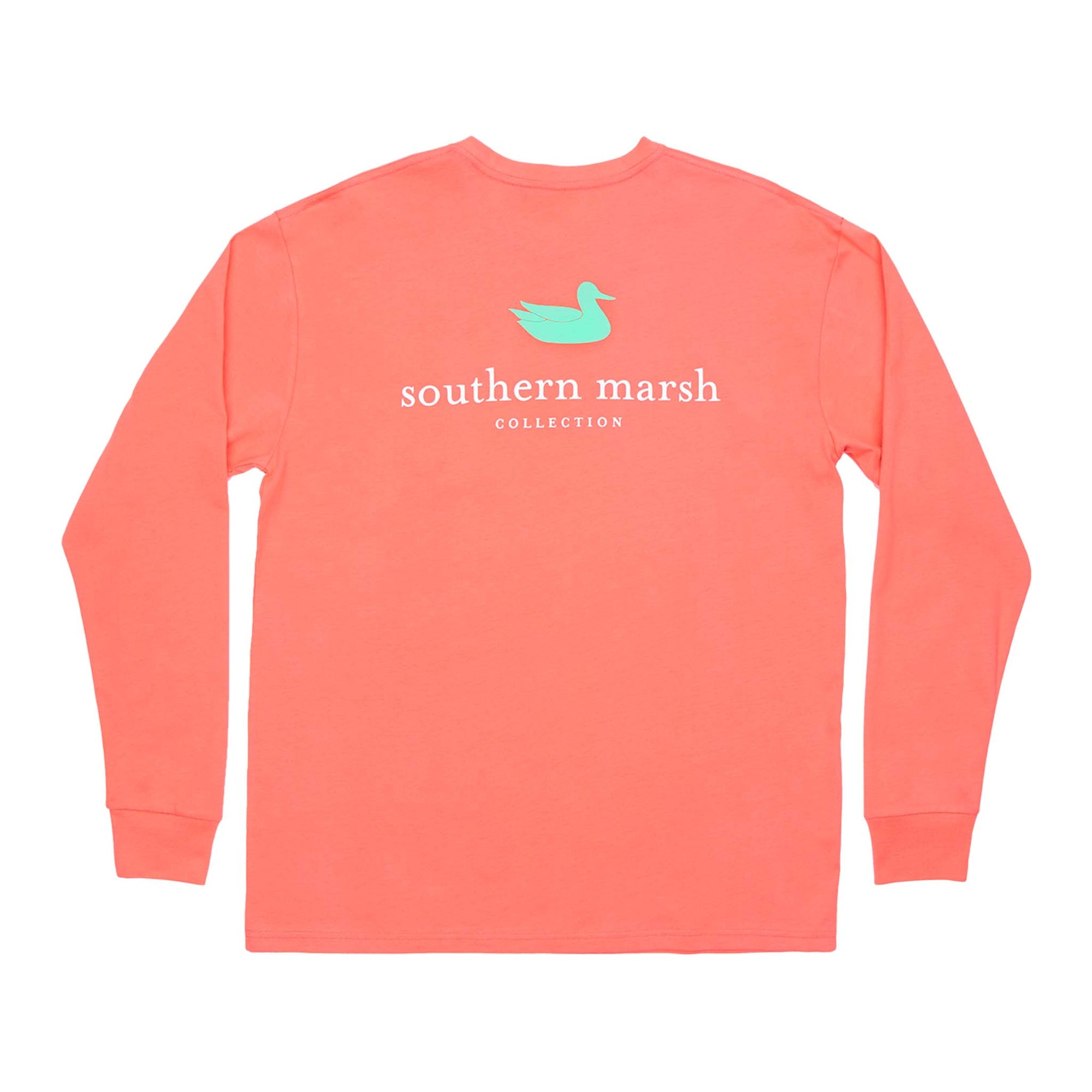 Coral long-sleeve shirt with 'southern marsh' logo on a white background