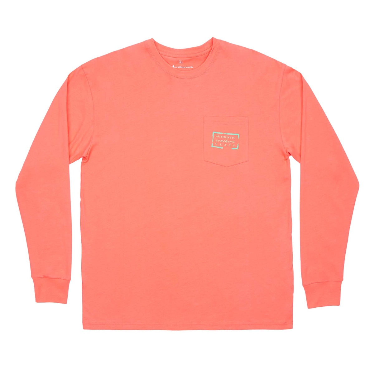 Coral long-sleeve shirt with a small logo on a white background