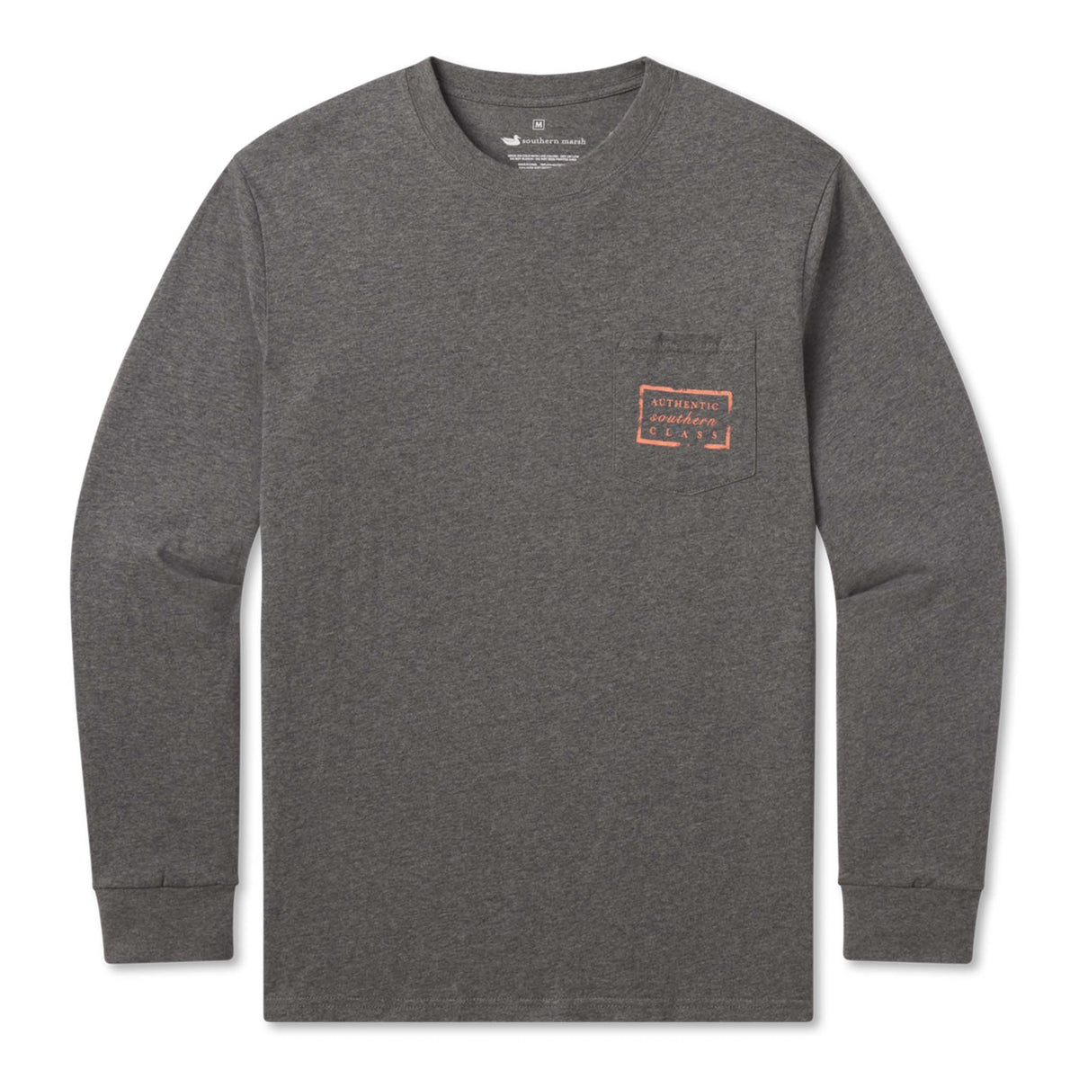 Gray long-sleeve shirt with a small logo on a white background