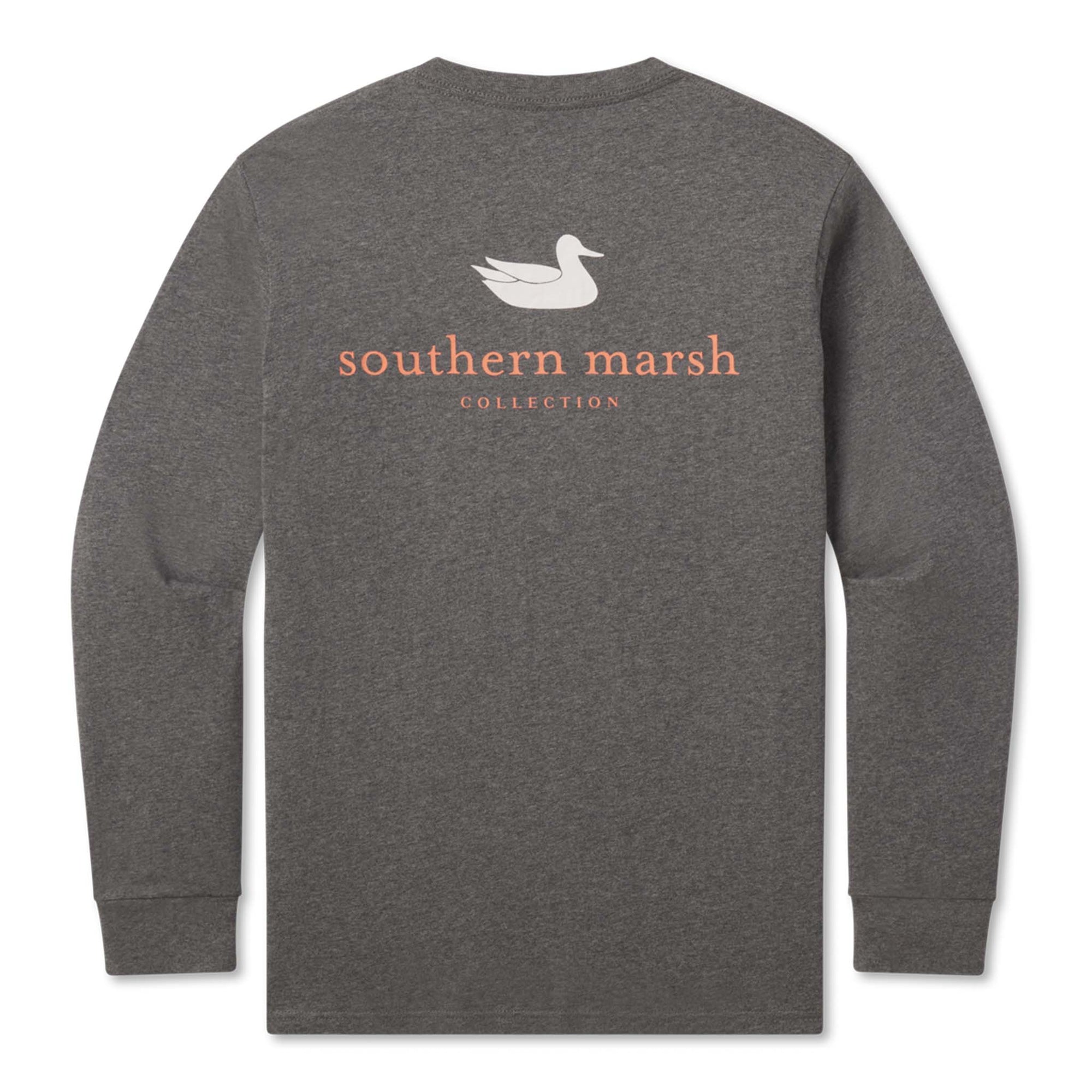 Gray long-sleeve shirt with 'Southern Marsh' logo on a white background