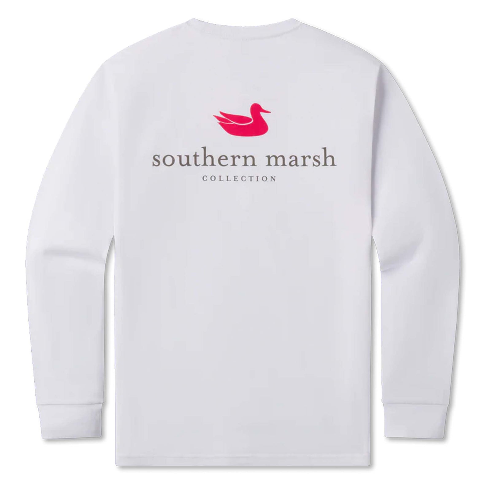 White long-sleeve shirt with 'southern marsh' logo on a white background