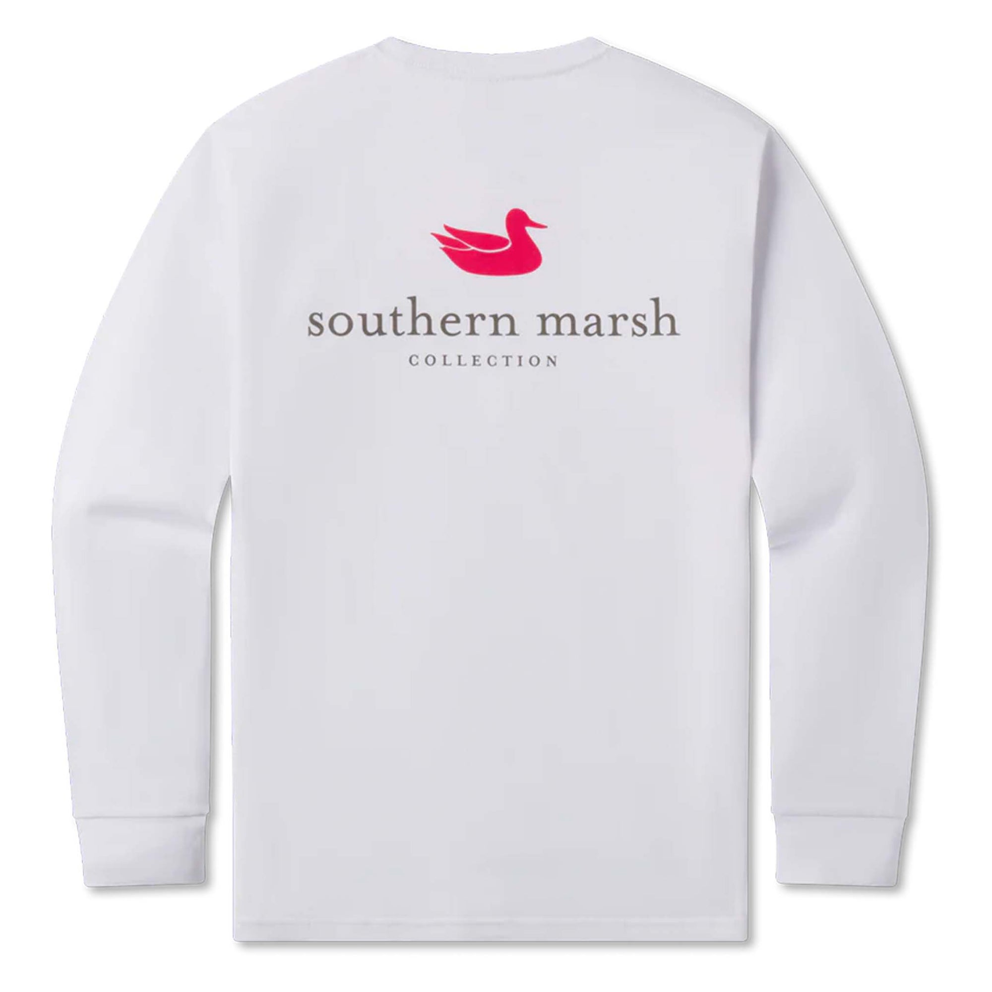 White long-sleeve shirt with 'southern marsh' logo on a white background