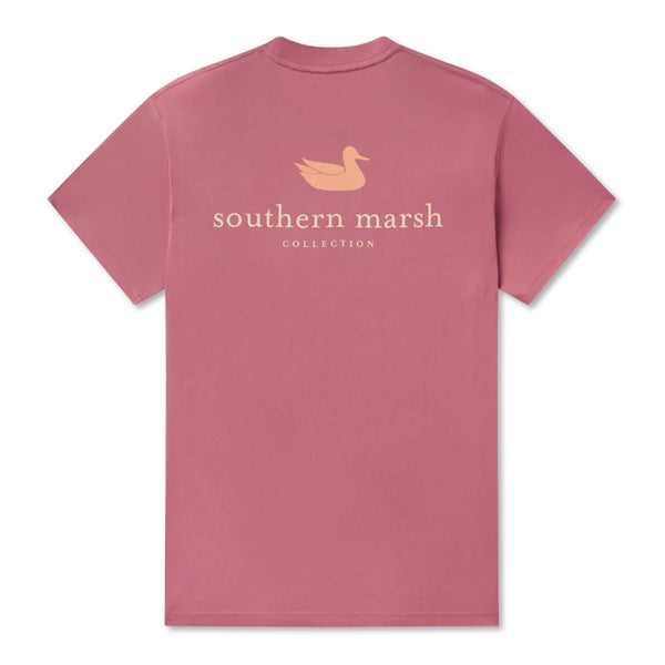 Southern Marsh Mulberry Pocket T-Shirt with peach duck logo and "Southern Marsh Collection" text on the back.
