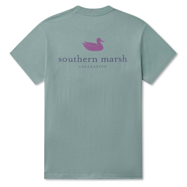 Washed green t-shirt with 'southern marsh' logo on a white background