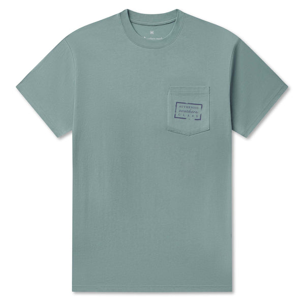 Sage green t-shirt with a pocket on a white background