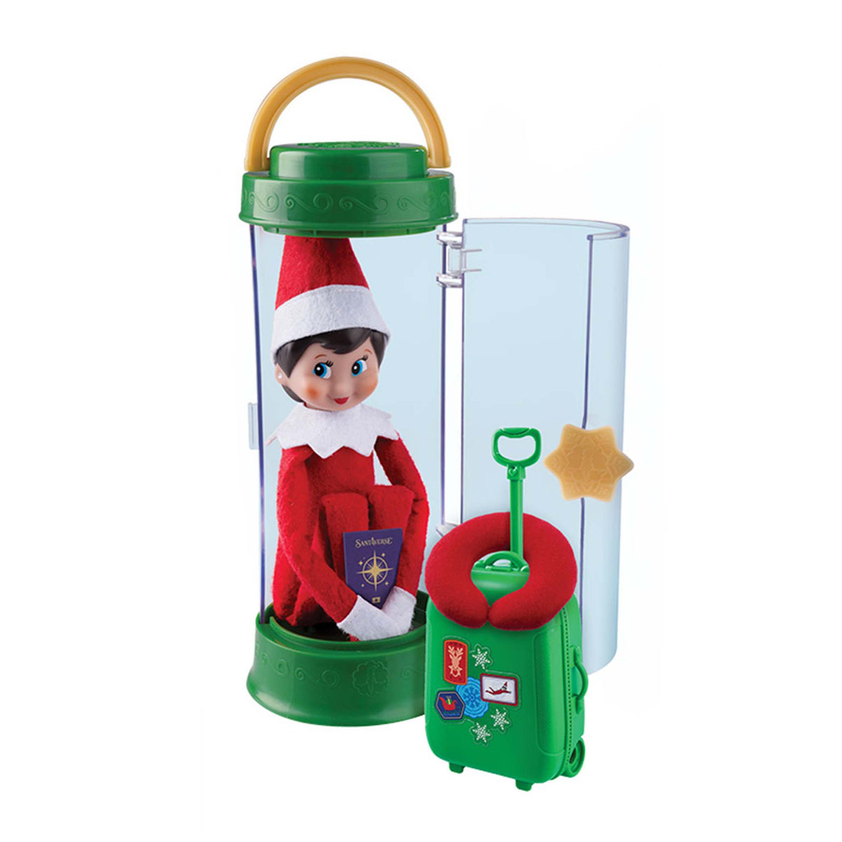 Elf on the Shelf in a transparent container with green lid and base.