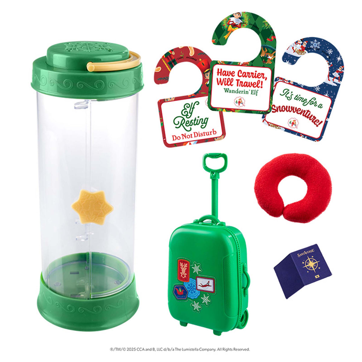 Set of Christmas-themed travel accessories including a green container, suitcase, and signs on a white background.