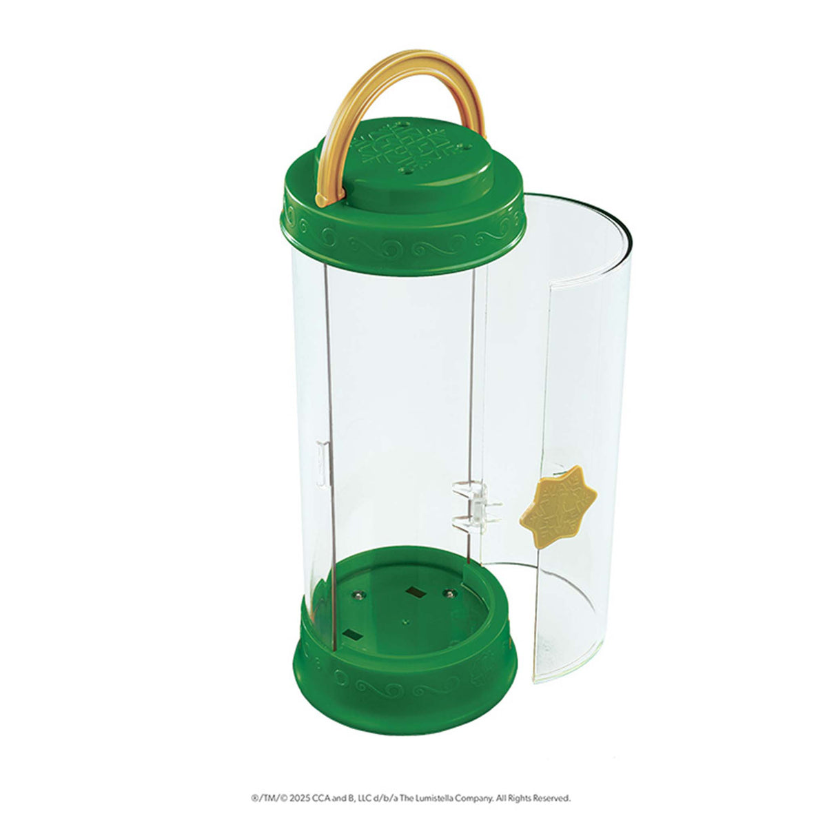 Clear Elf On The shelf carrier with green top and base.