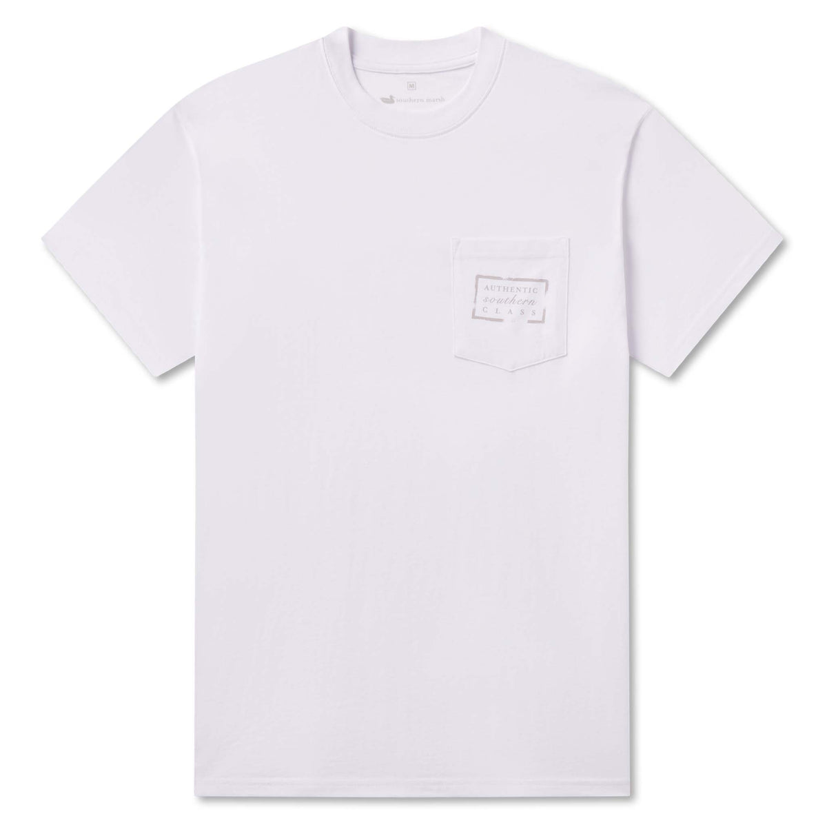 White t-shirt with a small logo on the chest against a white background