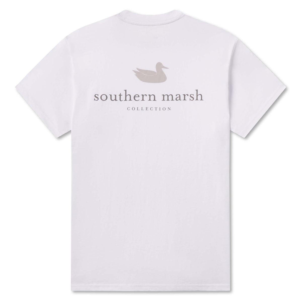 White t-shirt with 'southern marsh collection' text and logo on a white background