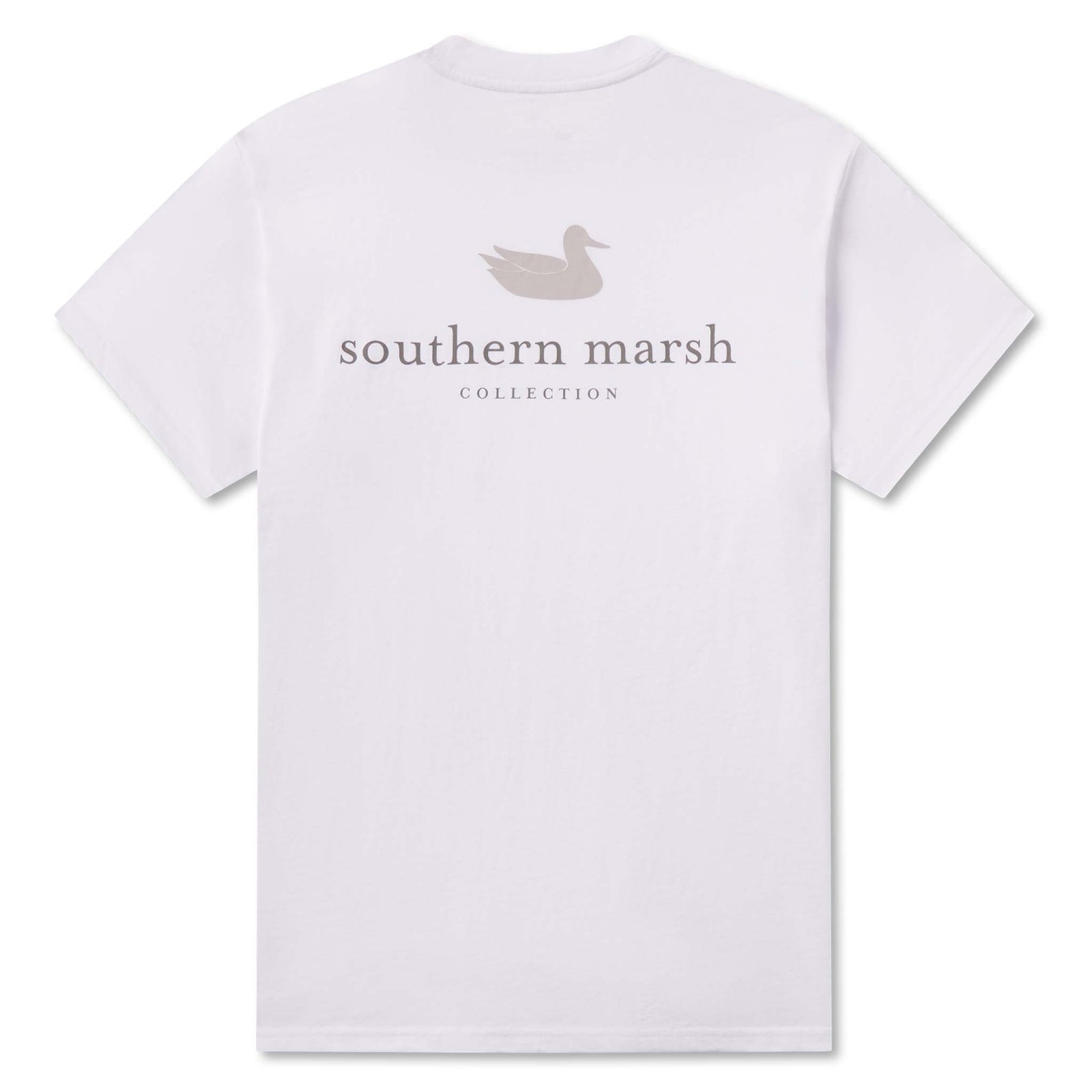 White t-shirt with 'southern marsh collection' text and logo on a white background