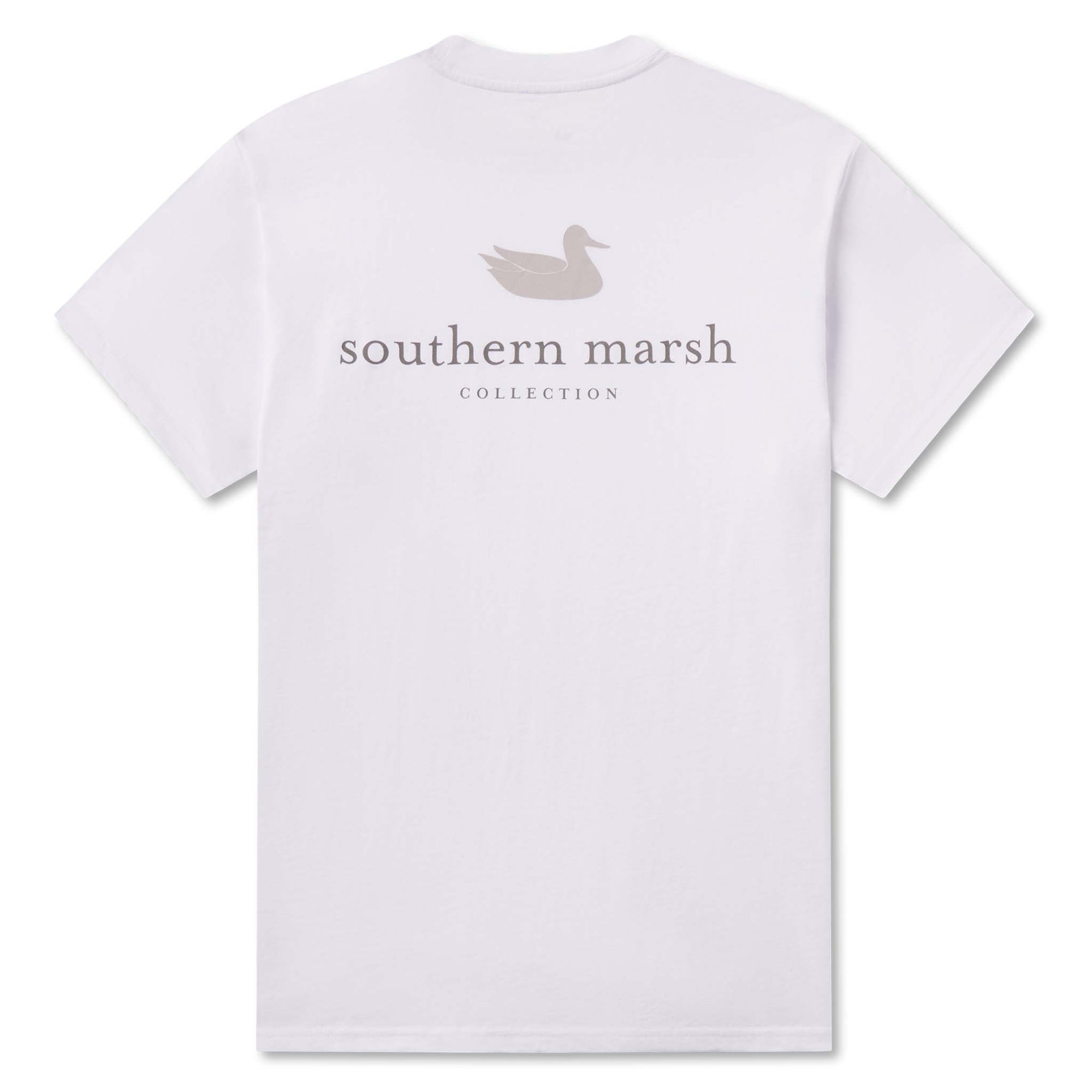 White t-shirt with 'southern marsh collection' text and logo on a white background