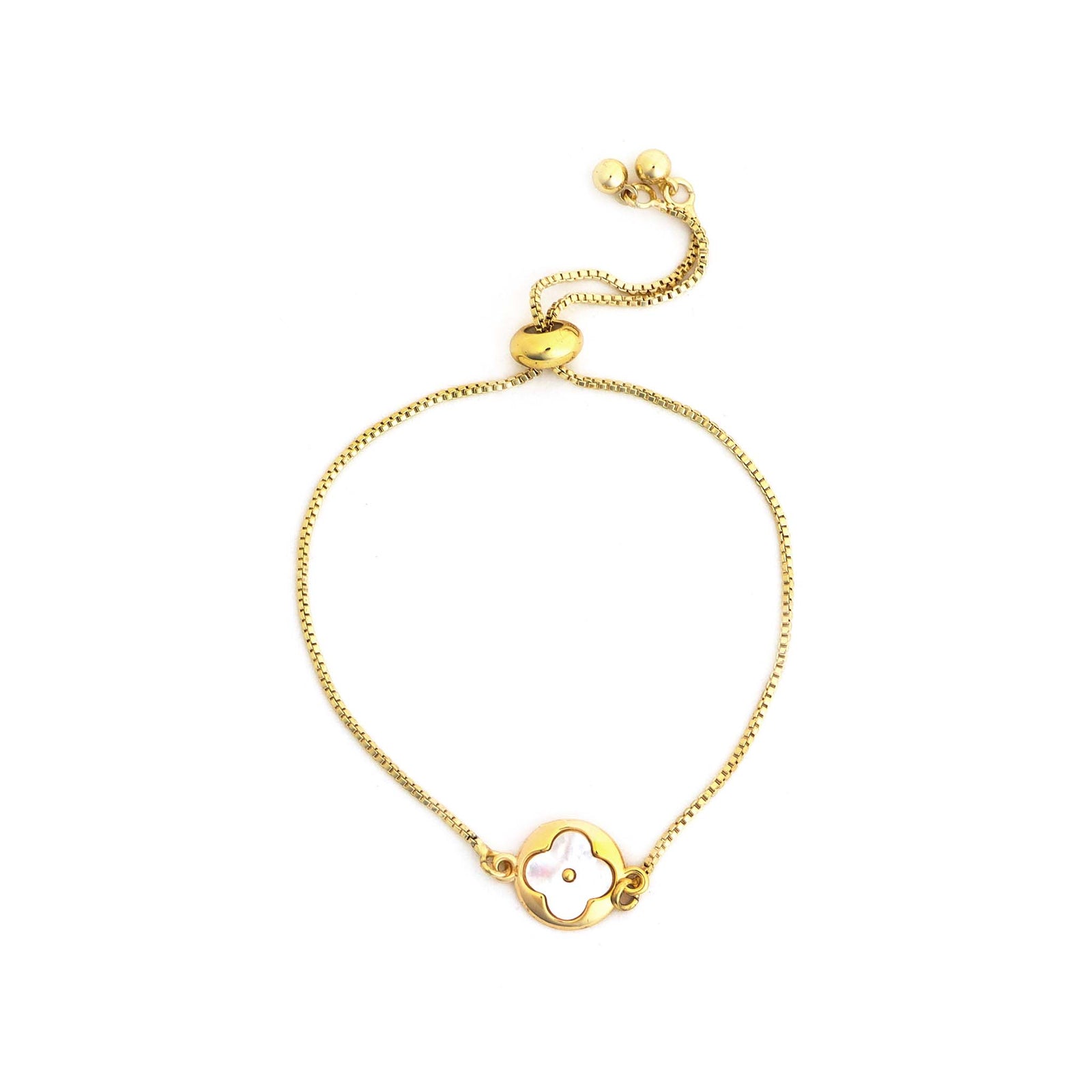 Delicate gold bracelet with a central mother of pearl clover charm and adjustable slider clasp, shown on a white background. By Pannee Group.