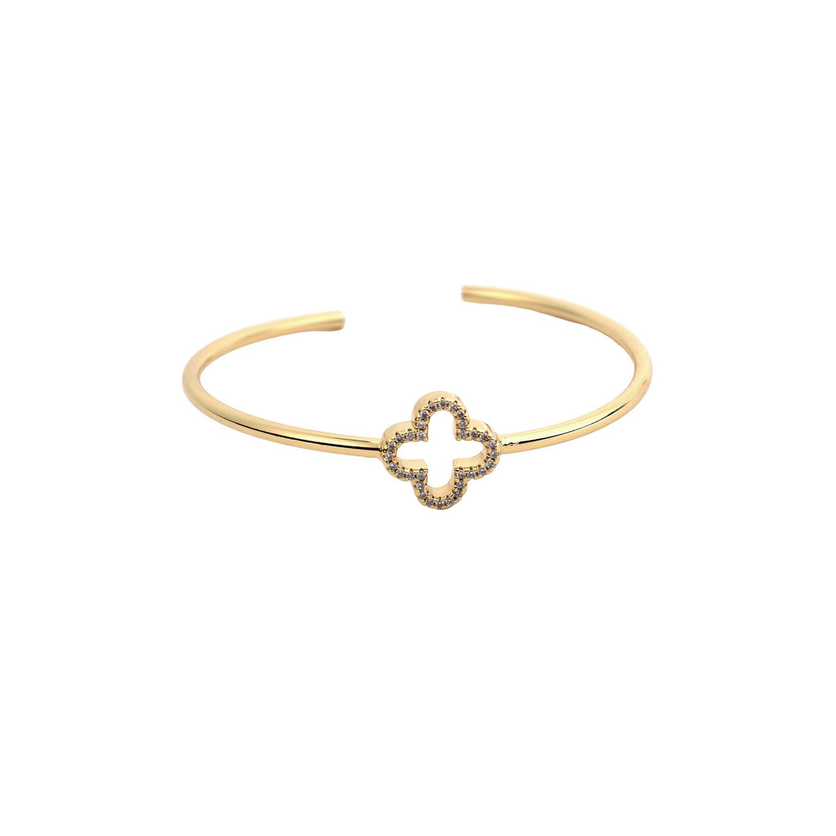 Pannee Group diamond clover gold bangle bracelet with open cuff design and pave-style stone clover detail on white background.