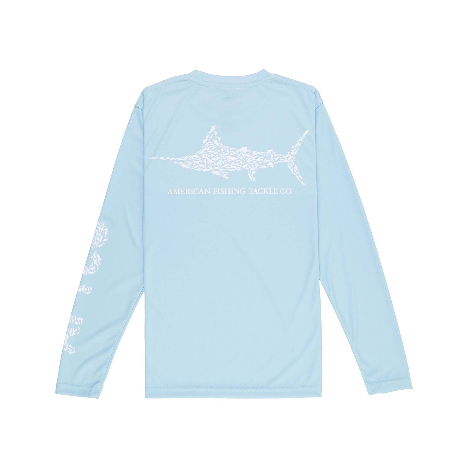 Light blue long-sleeve shirt with white fish graphic on a white background