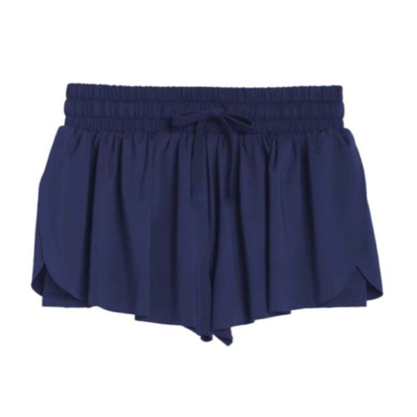  Navy Suzette Women’s Flyaway Shorts featuring soft flowy fabric, drawstring waist, and layered curved hem.