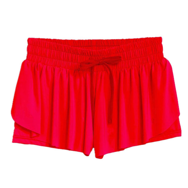  Red Suzette Women’s Flyaway Shorts with elastic waistband, tie drawstring, and layered curved hem.