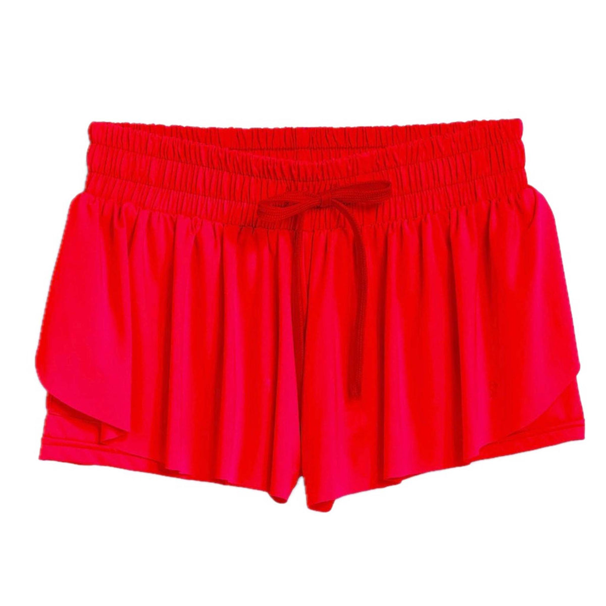 Red Suzette Women’s Flyaway Shorts with elastic waistband, tie drawstring, and layered curved hem.