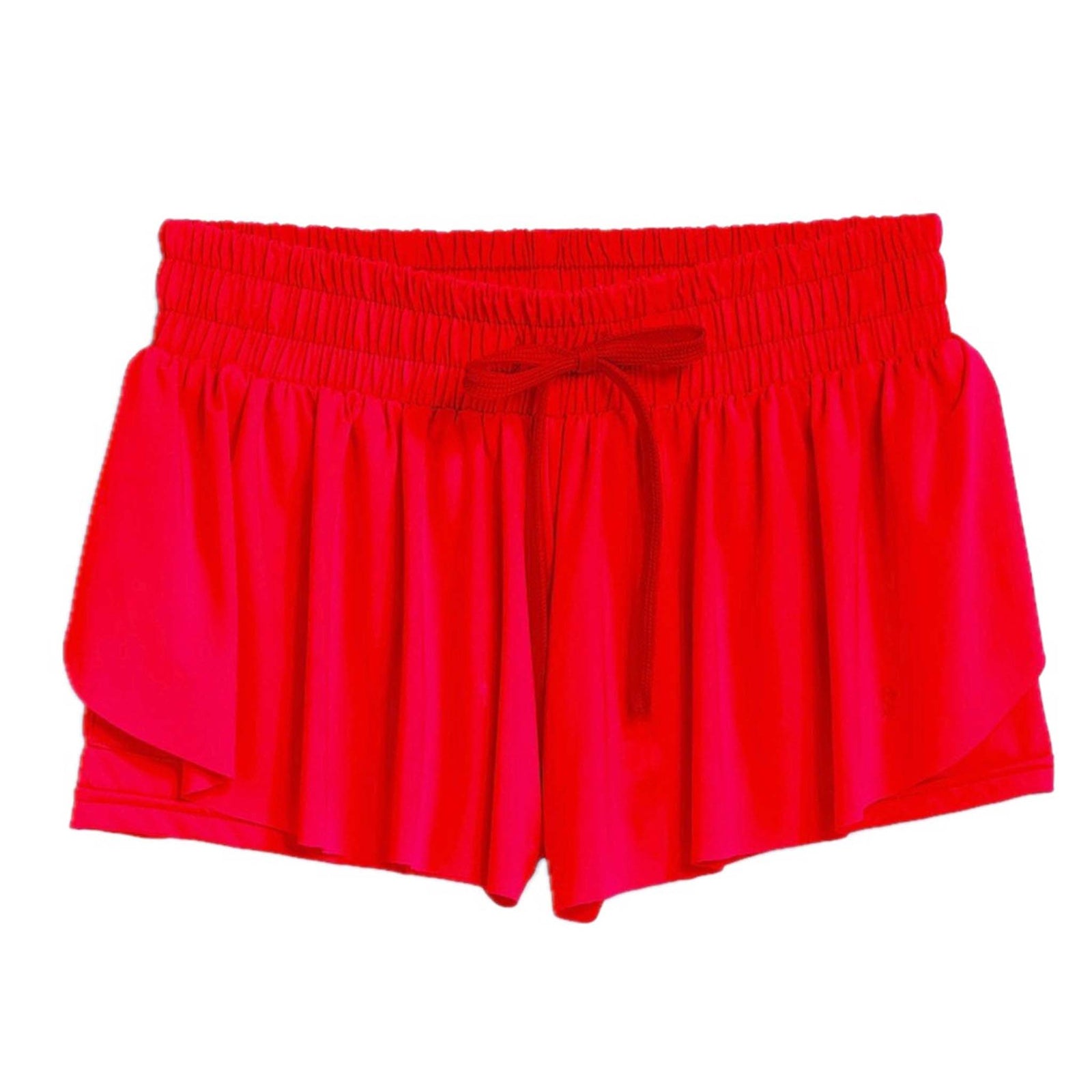 Red Suzette Women’s Flyaway Shorts with elastic waistband, tie drawstring, and layered curved hem.