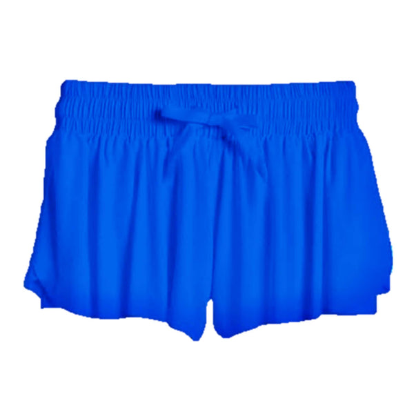  A pair of blue women's flyaway shorts with an elastic waistband and built-in compression shorts, made from a stretch-nylon fabric blend.