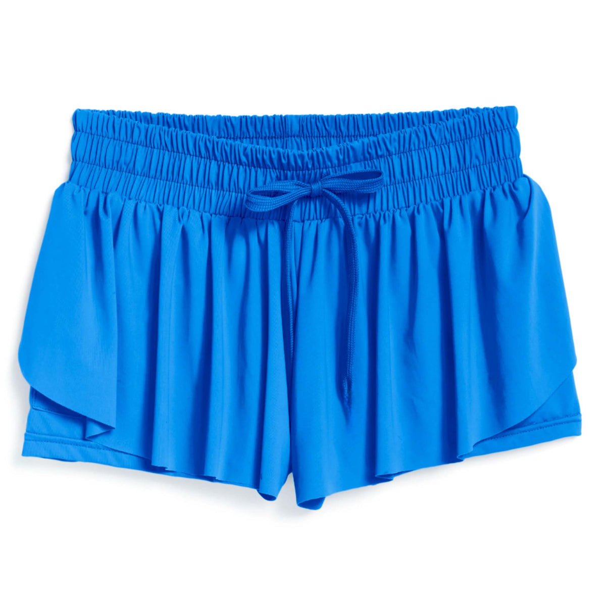 Cool blue Suzette Women’s Flyaway Shorts with elastic waistband, tie drawstring, and layered curved hem.