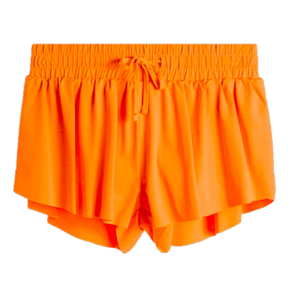  Bright orange Suzette Women’s Flyaway Shorts featuring elastic waist, adjustable tie, and flowy layered hem.