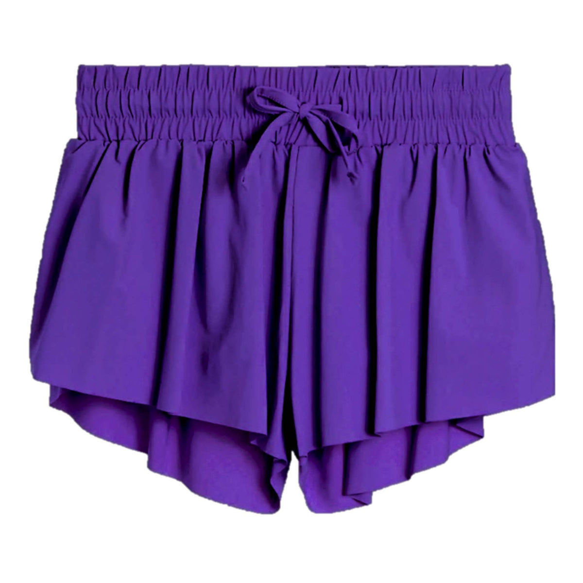Purple Suzette Women’s Flyaway Shorts with elastic waistband, tie front, and lightweight double-layered design.