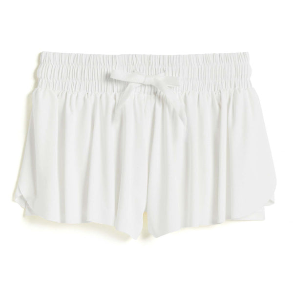  Suzette Women’s Flyaway Shorts with elastic waistband, tie drawstring, and layered curved hem.