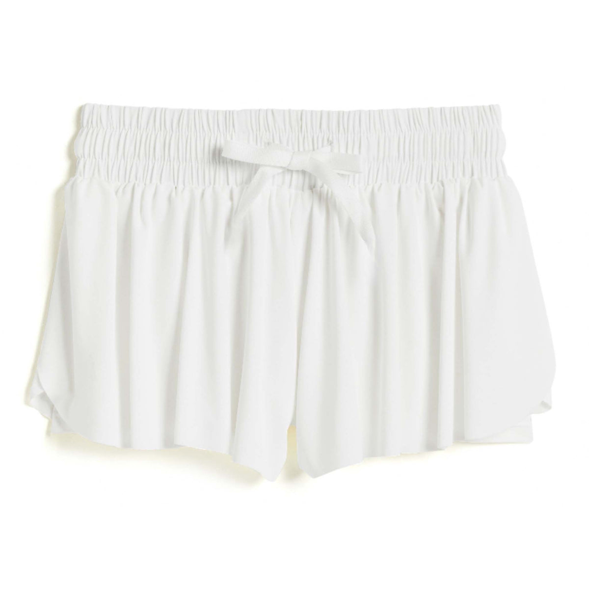 White Suzette Women’s Flyaway Shorts with elastic waistband, tie drawstring, and layered curved hem.