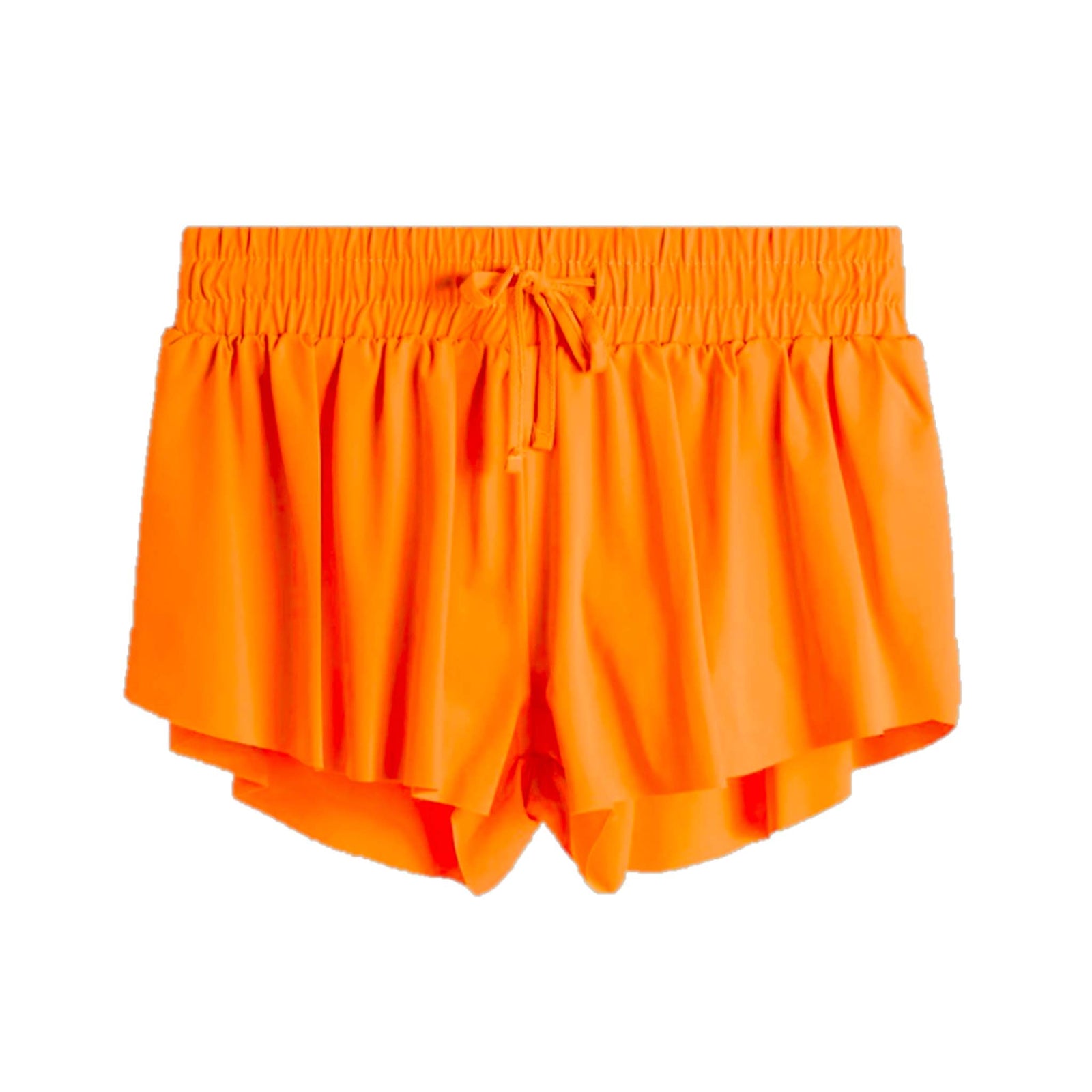 Orange girls' sizing flowy shorts with elastic waistband, front drawstring tie, and layered hem detail.