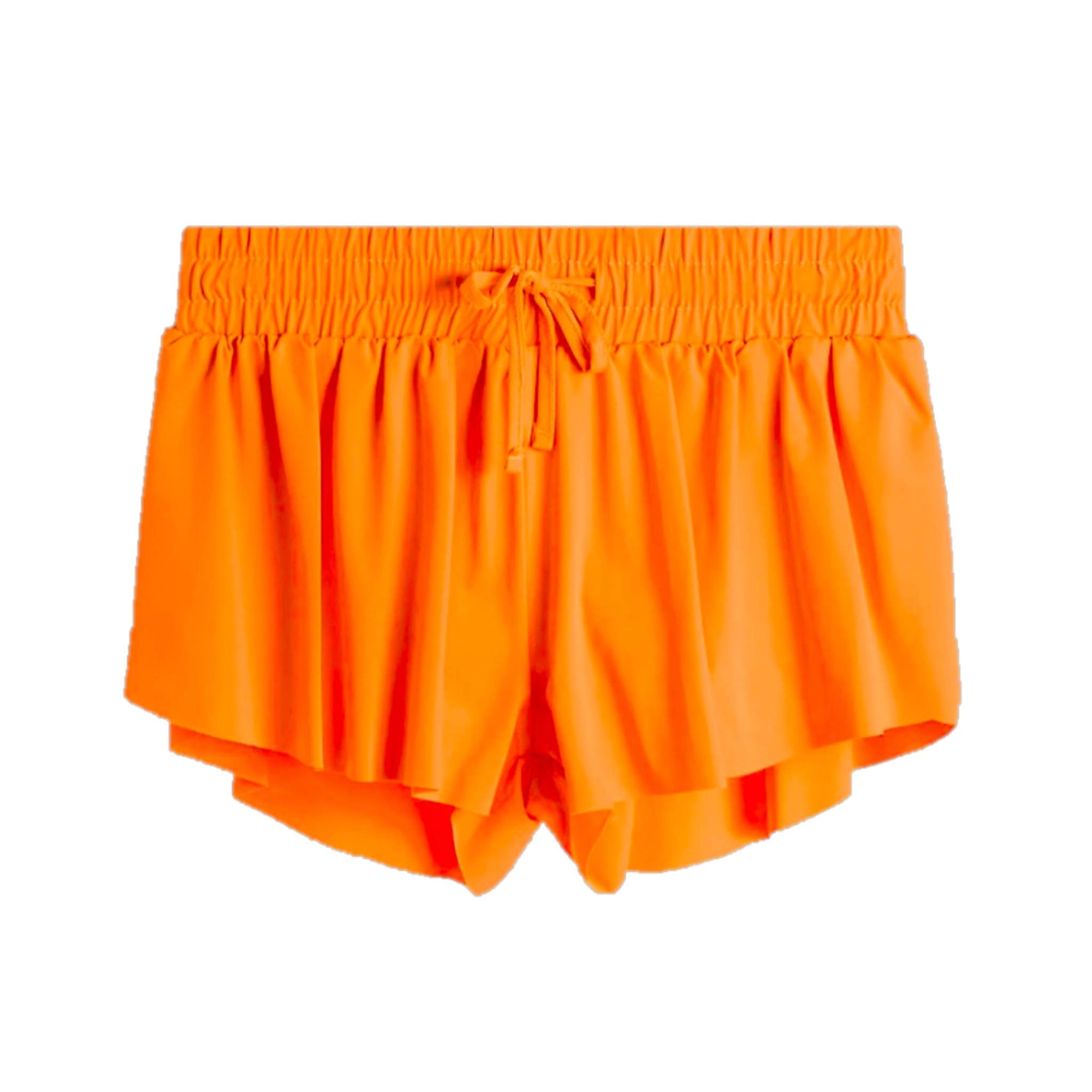 Orange girls' sizing flowy shorts with elastic waistband, front drawstring tie, and layered hem detail.