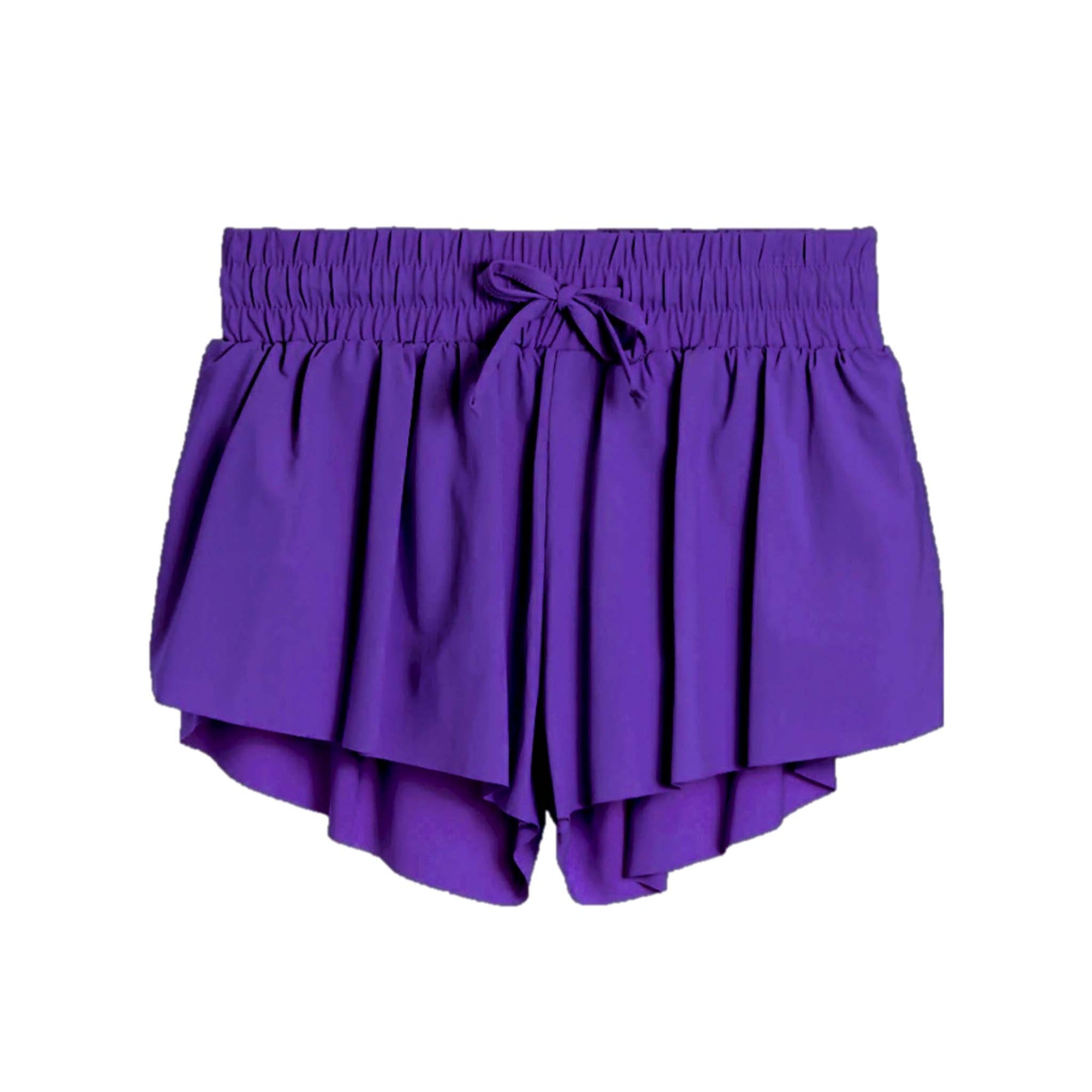 Purple girls' flowy shorts with elastic waistband, front drawstring tie, and layered hem detail.