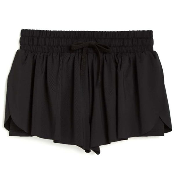  A pair of pink women's flyaway shorts with an elastic waistband and pleated design.