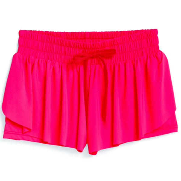  A pair of pink women's flyaway shorts with an elastic waistband and pleated design.