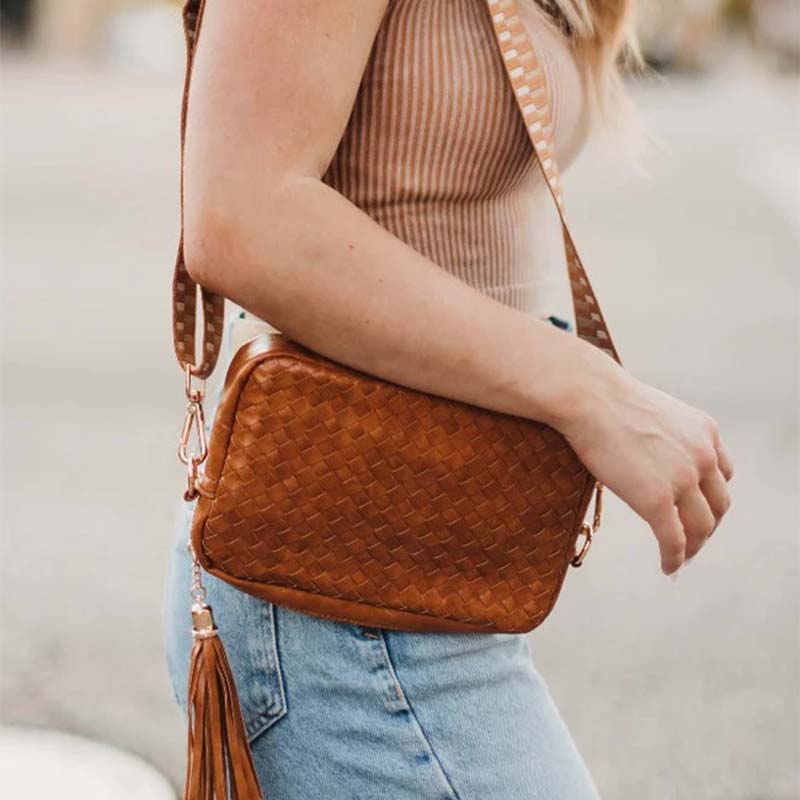 Woven Willow Camera Crossbody Bag in Brown