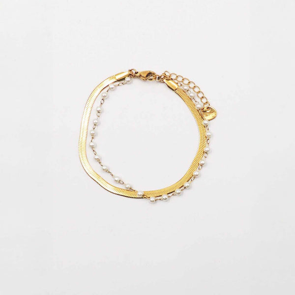 Gold Snake Chain and Pearl Chain Bracelet by Blanche Design