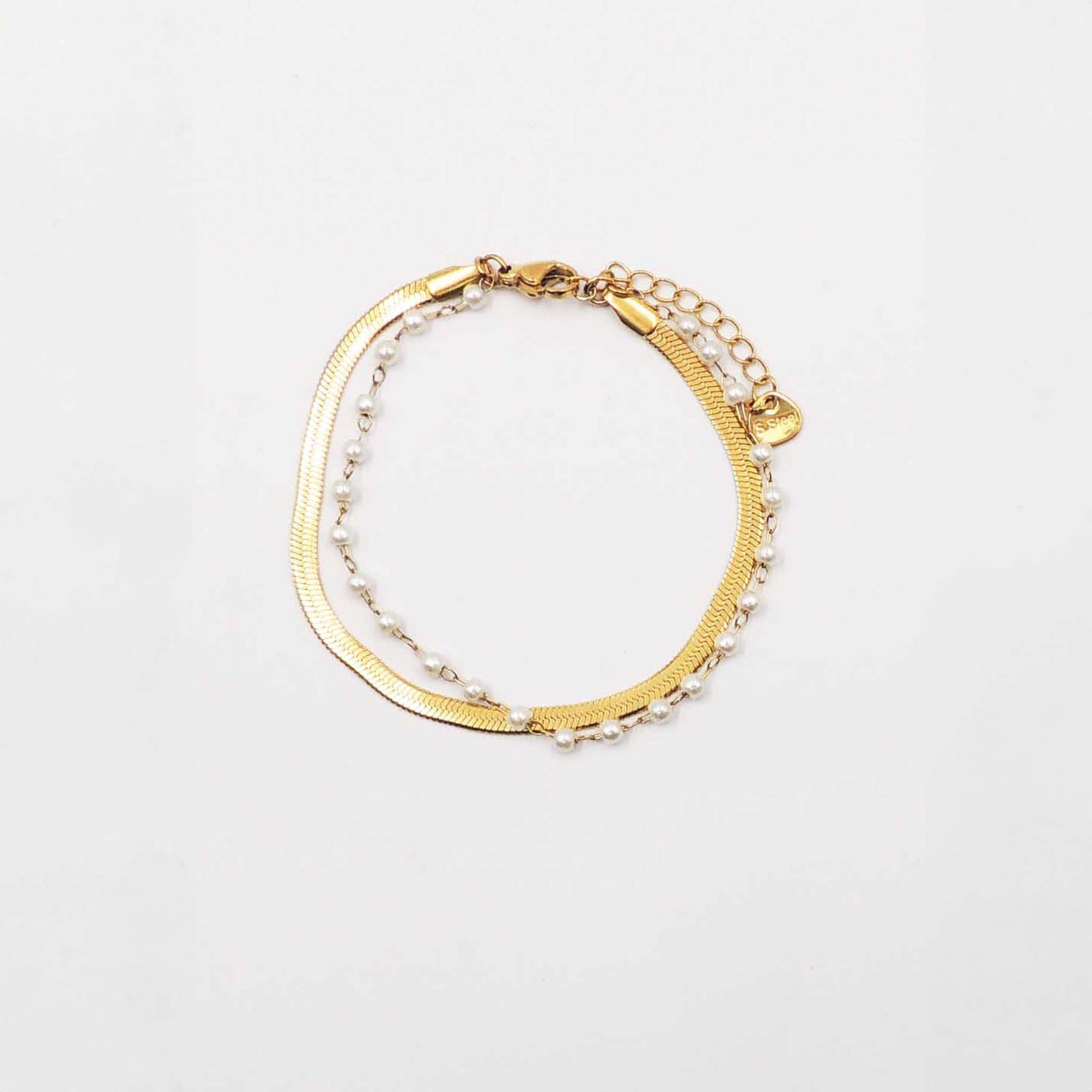 Gold Snake Chain and Pearl Chain Bracelet by Blanche Design