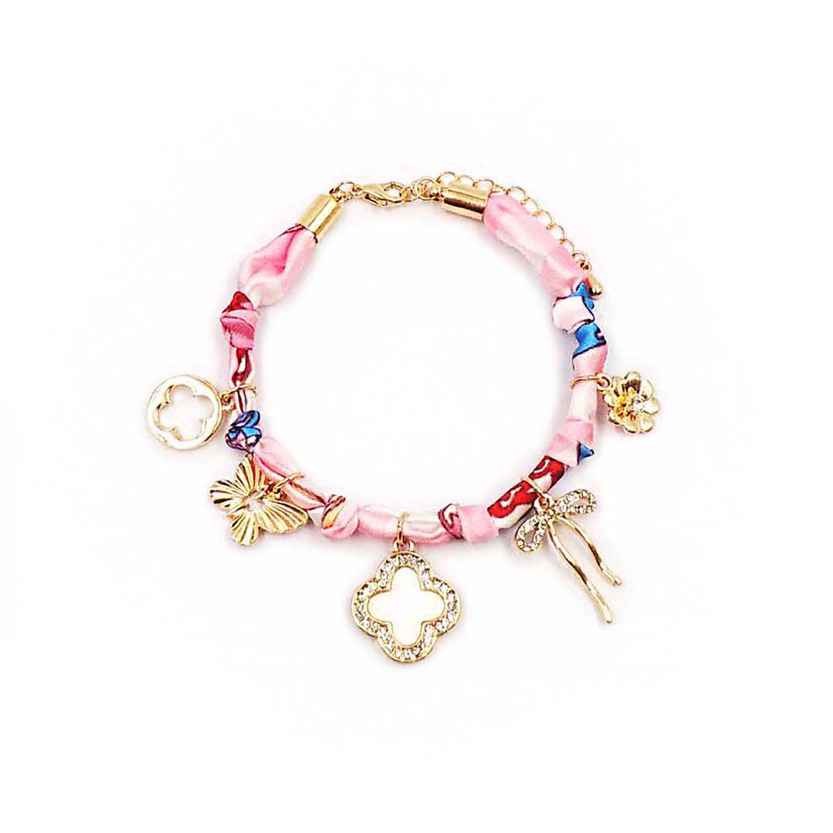 Pink and red scarf-style bracelet with gold butterfly, bow, and floral charms, featuring rhinestone and enamel accents on a gold-tone adjustable chain.