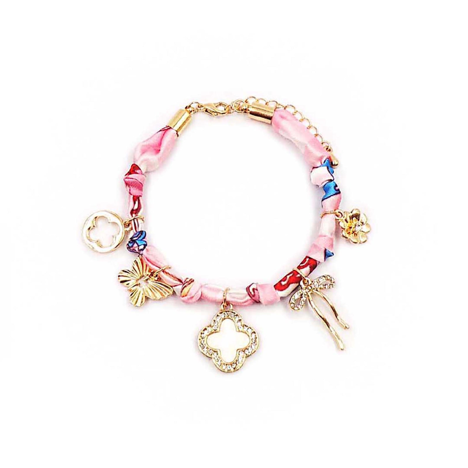 Pink and red scarf-style bracelet with gold butterfly, bow, and floral charms, featuring rhinestone and enamel accents on a gold-tone adjustable chain.